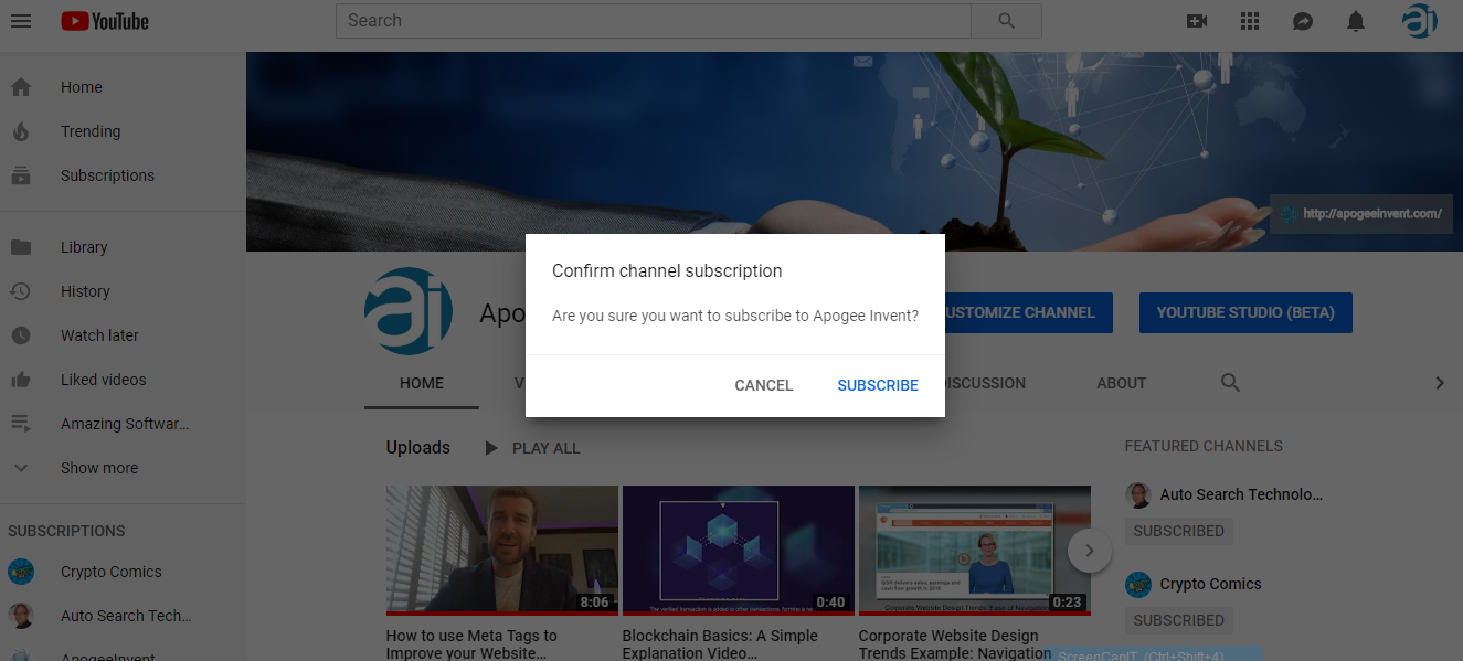 YouTube Subscribe pop up example